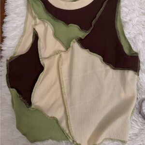 Sleeveless Patchwork Ribbed Tank Top - Green, Brown & Cream